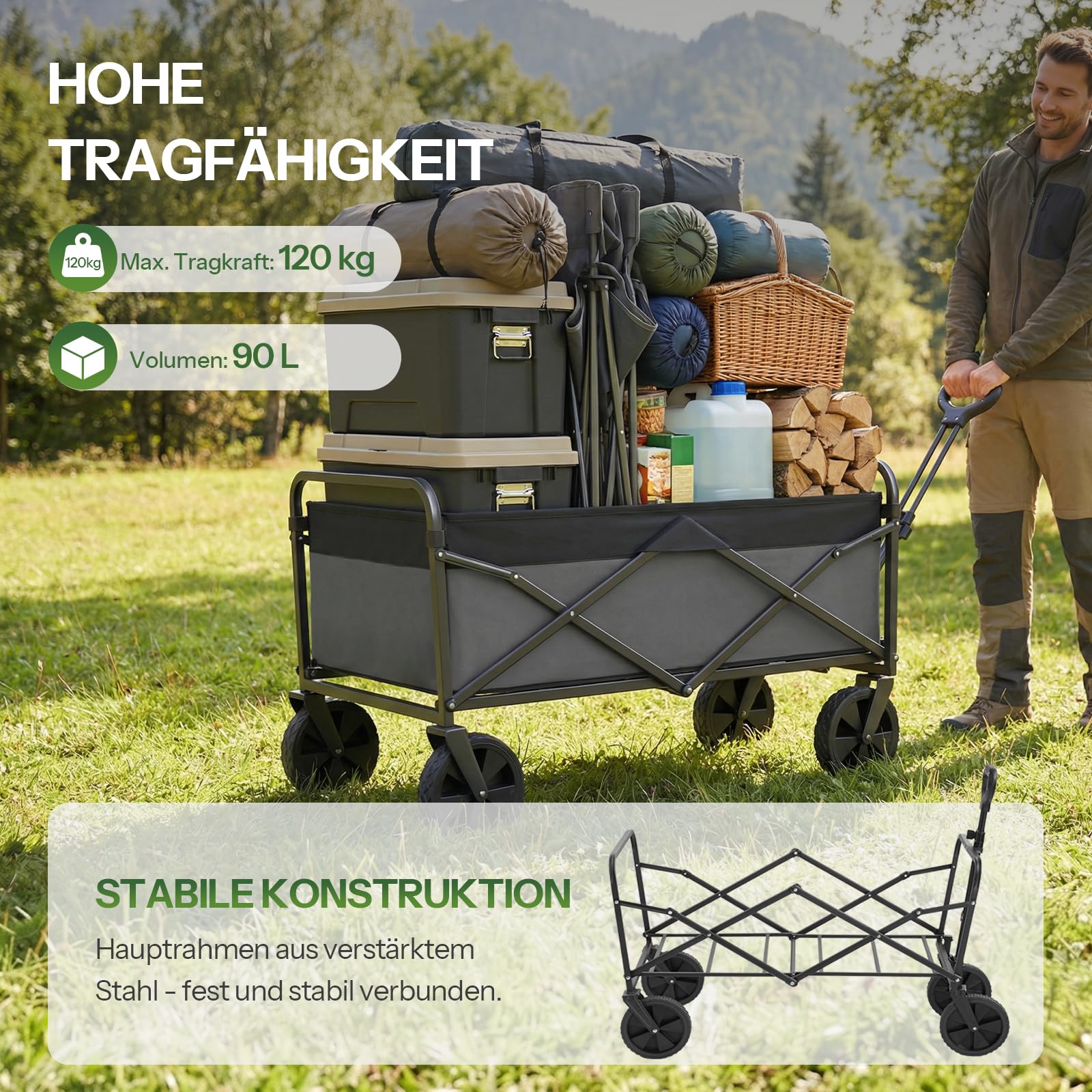 LARMNEE Faltbarer Handwagen, Gartenwagen, tragbarer Campingwagen mit verstellbarem Griff und 4 verstärkten Rädern, Bollerwagen, bis 120 kg belastbar, für Camping, Garten, Schwarz und Grau EBG01BW02