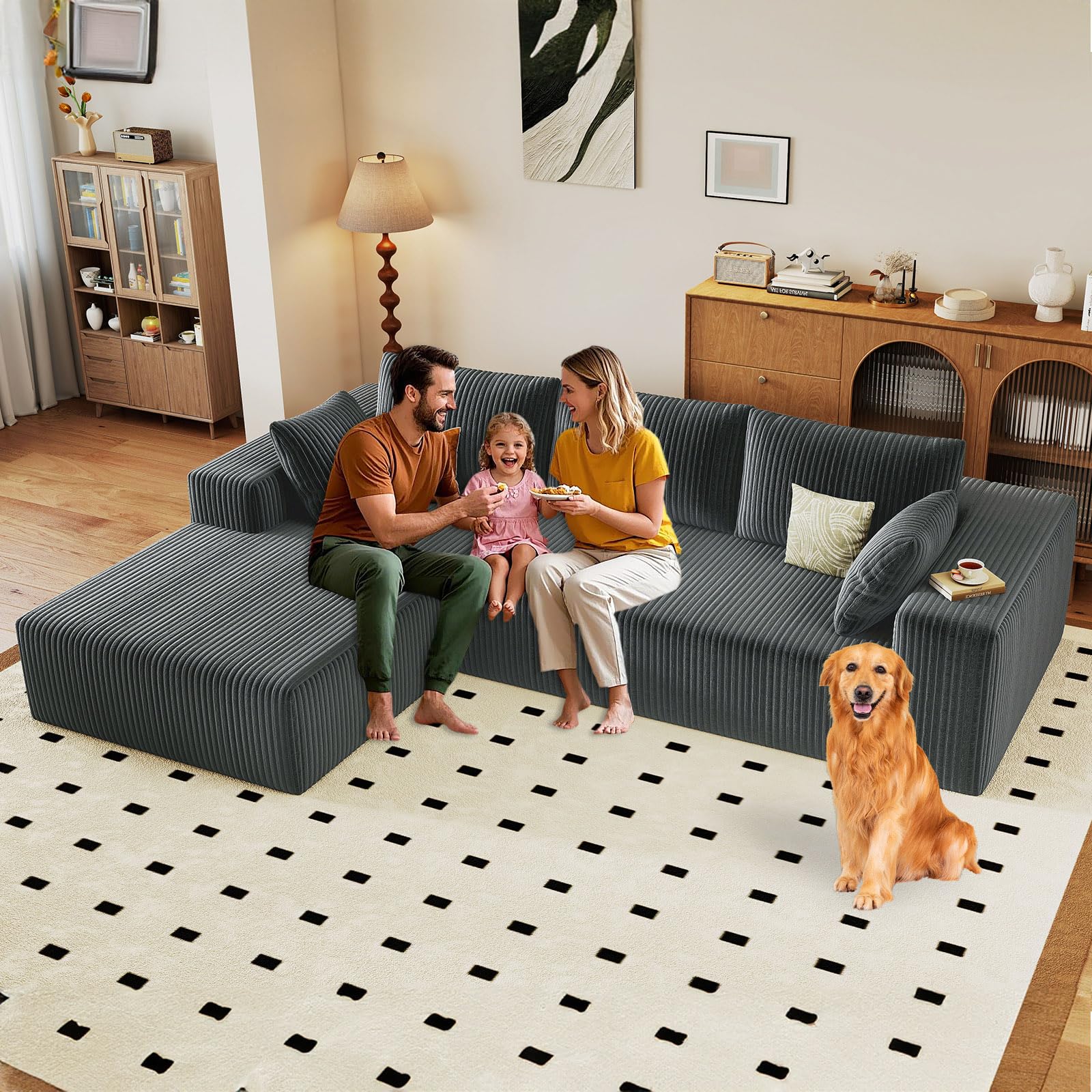 96" Modular Sectional Sofa, Modern Corduroy Cloud Couch with Deep Seat, Boneless Couch Upholstered 3-Seater L-Shaped Sofa for Living Room, No Assembly Required (Dark Grey, Left-Facing Chaise)