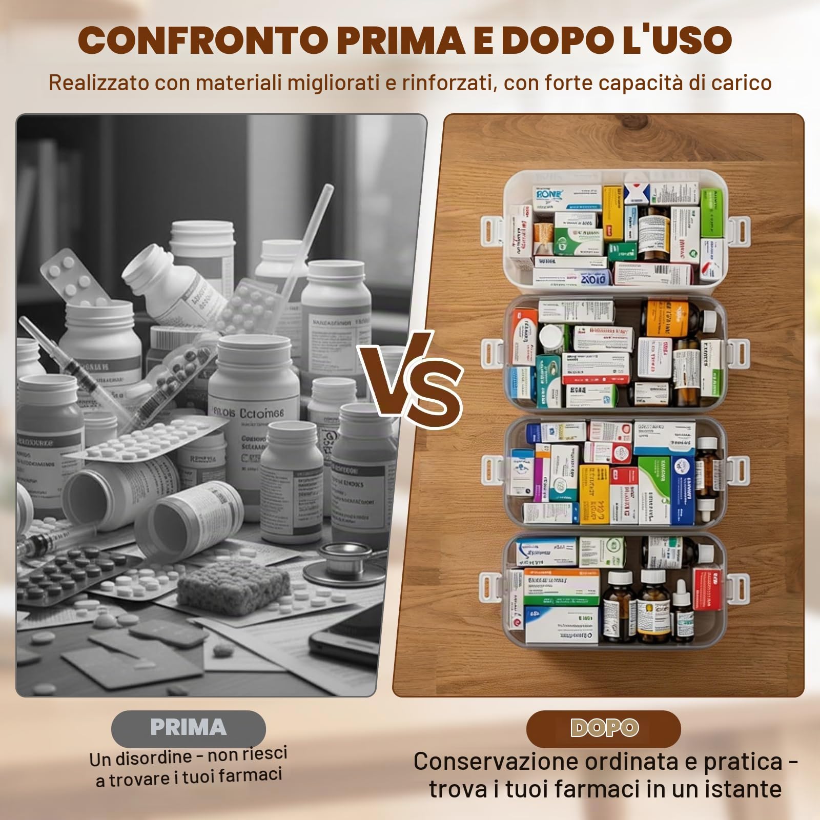 Contenitore Medicinali 4 Strati, Con Maniglia, Portapillole Viaggio | 30×16,5×24cm, 4 vani separati, Portapillole da viaggio estraibile nel coperchio, Plastica PP senza BPA