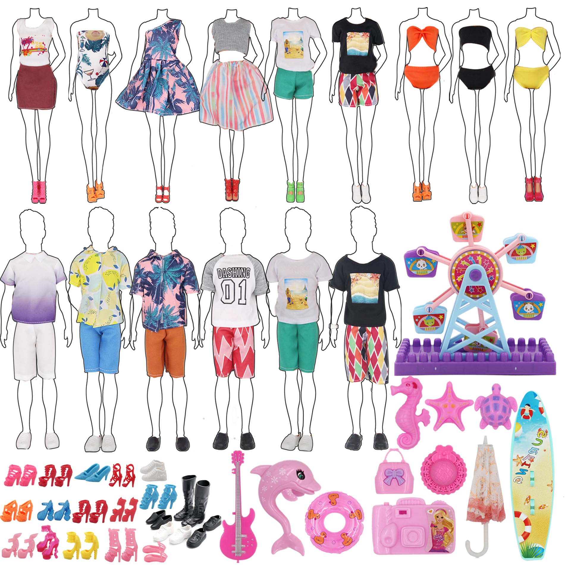 EuTengHao 78Pcs Doll Clothes and Accessories for 11.5 Inch Girl Doll and 12 Inch Boy Includes 28 Wear Clothes Shoes and Couple's Sky Wheel Surfboard Hat for Summer Style Accessories