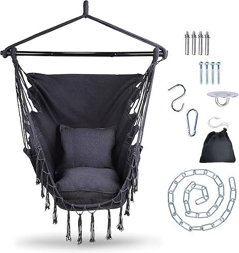 7Penn Silla hamaca colgante con cuerda  Capacidad de 440 libras, de algodón negro, para interiores y exteriores, estilo bohemio, macramé, silla