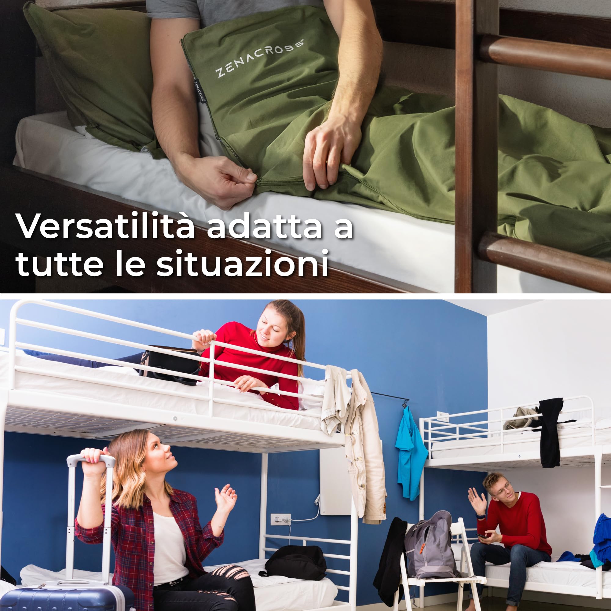 Zenacross - Sacco Lenzuolo da Viaggio - Sacco Letto Singolo Ultraleggero e Compatto - 100% Cotone - Saccoletto con Scomparto per Cuscino - Sacco Lenzuolo Cotone Singolo