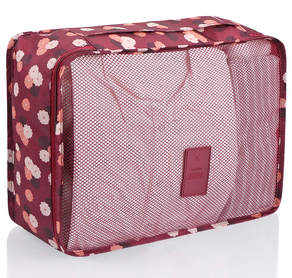 Travel Cubes,Mossio 7 Piece Compact Carry On Luggage Organizer Value Folders Travel Bag Wine Flower 3
