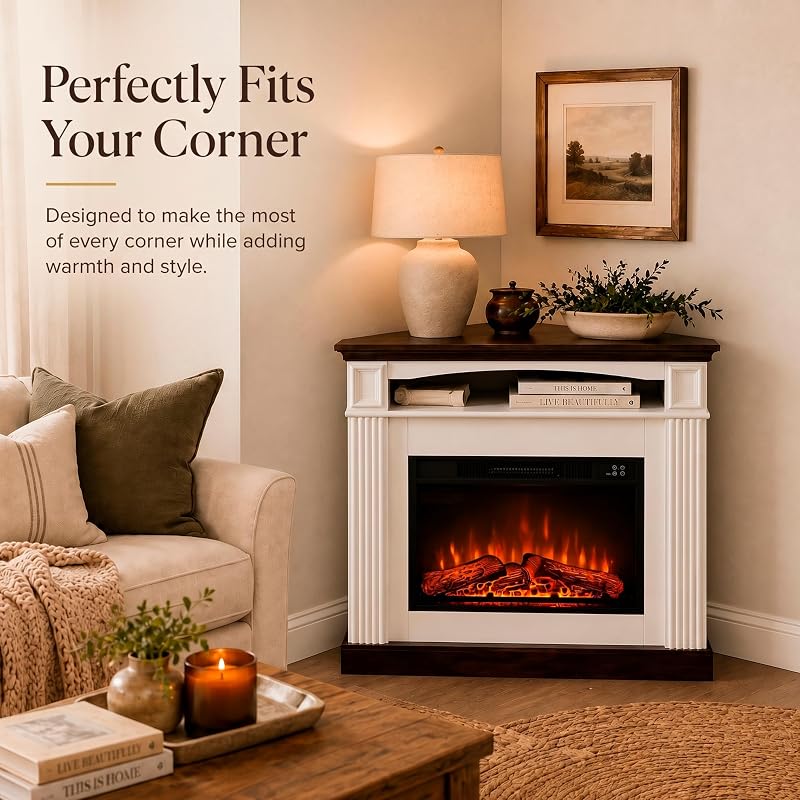 OKYCI Corner Electric Fireplace with Mantel, Corner Fireplace TV Stand with Storage, Corner Entertainment Center with Fireplace for Living Room, White image 5