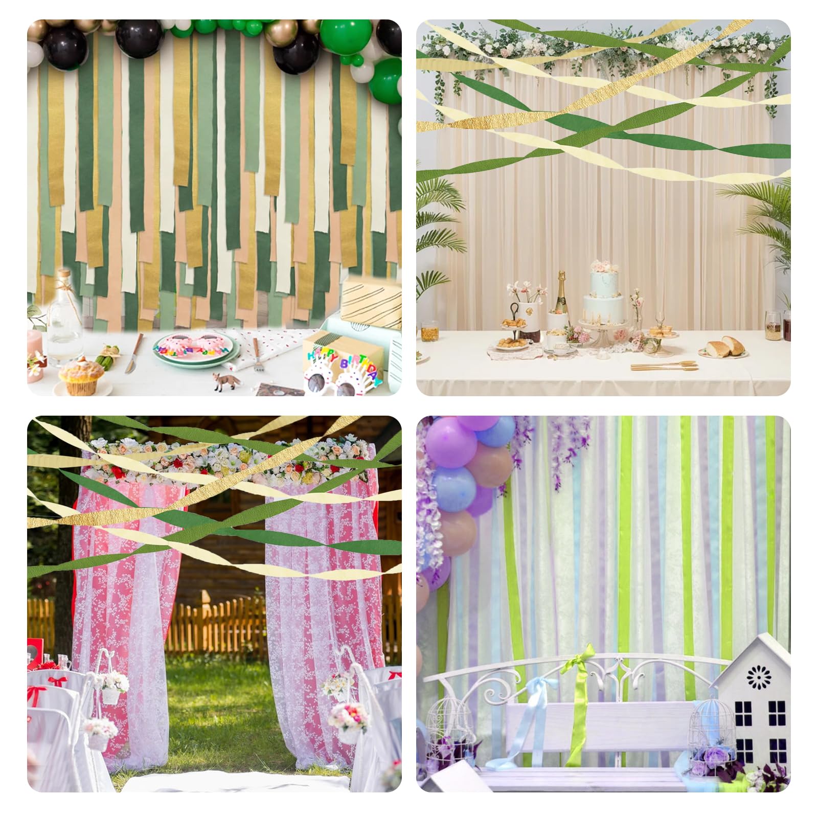 Carta Crespa Per Decorazioni Festa 5 Rotoli (25m X 4,5cm) - Colori Oliva, Kaki, Oro - Compleanno, Matrimonio