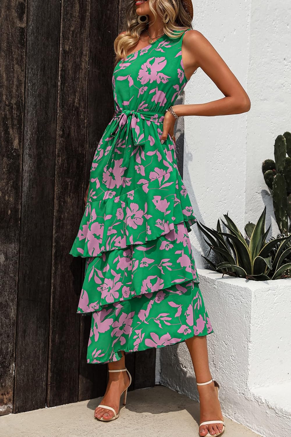 PRETTYGARDEN Women's Summer Floral Sundress Casual One Shoulder Tiered Ruffle Flowy Midi Beach Boho Dresses