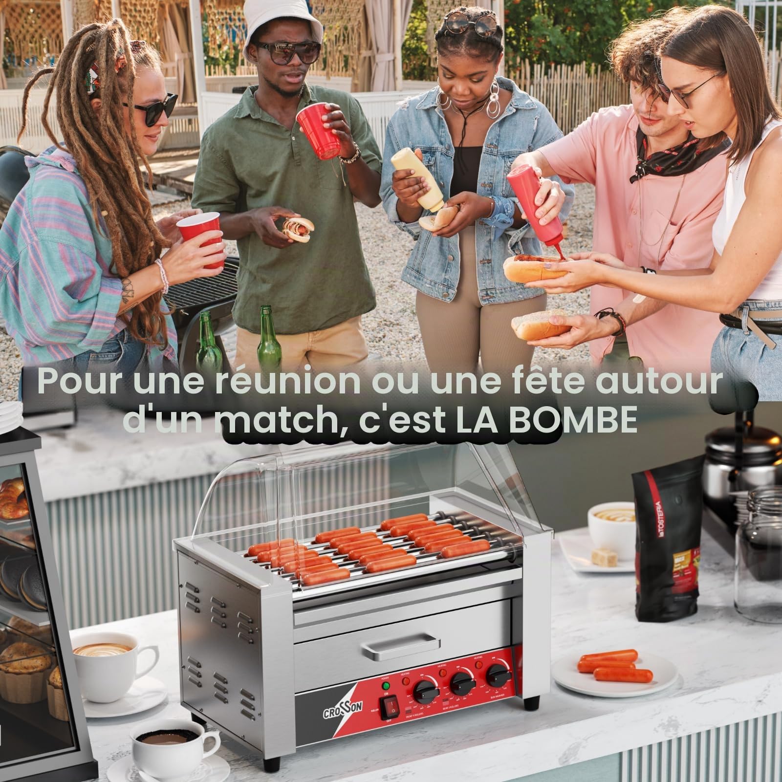 CROSSON 2 IN 1 Hot Dog Machine 7 Rouleaux avec Couvercle Visuel,1350W Machine à Hot Dog Professionnel avec Chauffe-pain en Acier Inoxydable,Double Contrôle de Température(espace pour 18 saucisses)