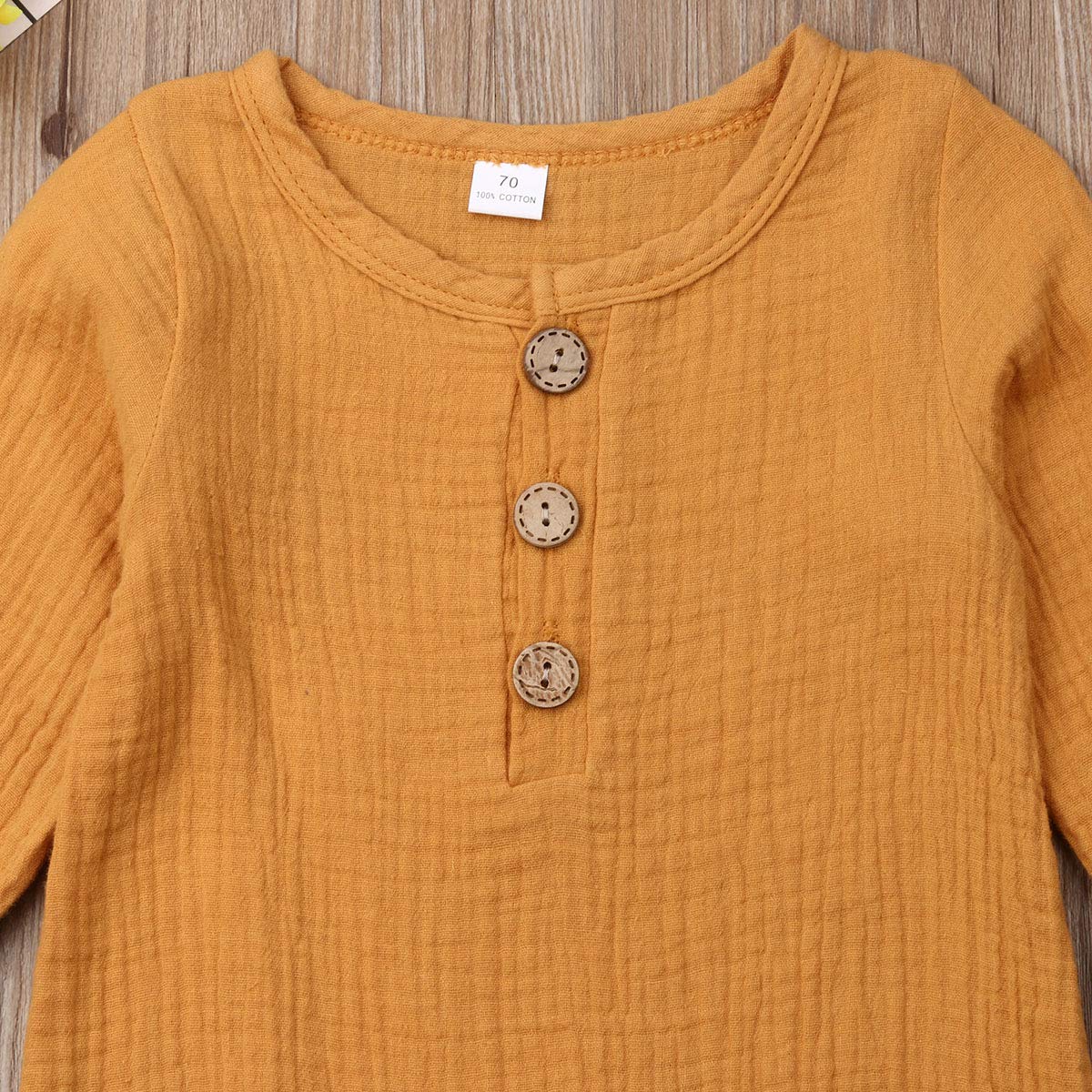Baby Boys Girls Long Sleeve Cotton Linen Romper One-Piece Solid Color Button Jumpsuit (0-3M, Yellow)