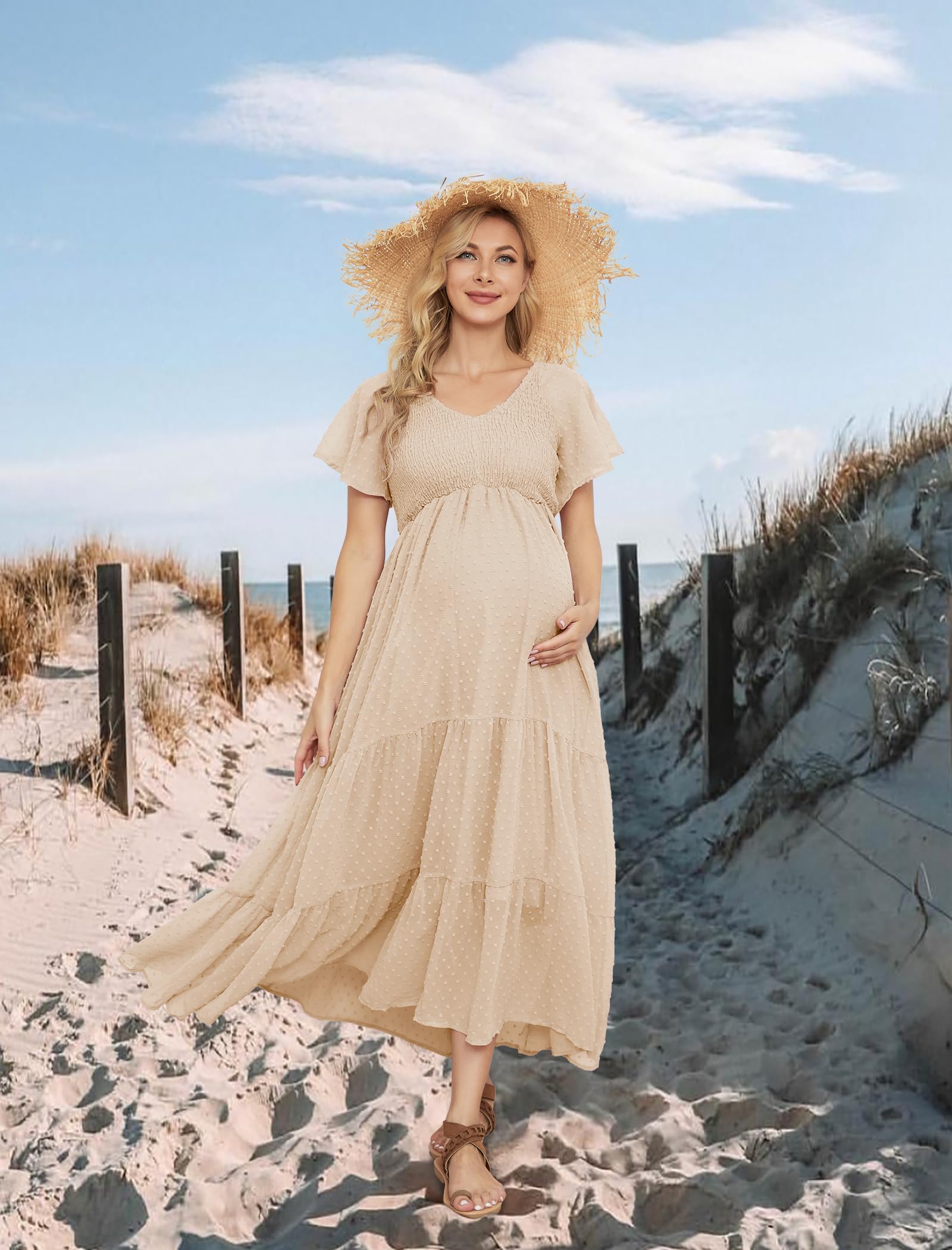 Gepunktetes Smockkleid für schwangere Frauen, geeignet für Babyparty, Fotoshooting, Freizeit, mit V-Ausschnitt, Rüschenärmeln, Empire-Taille und Stufenrock im Boho-Stil