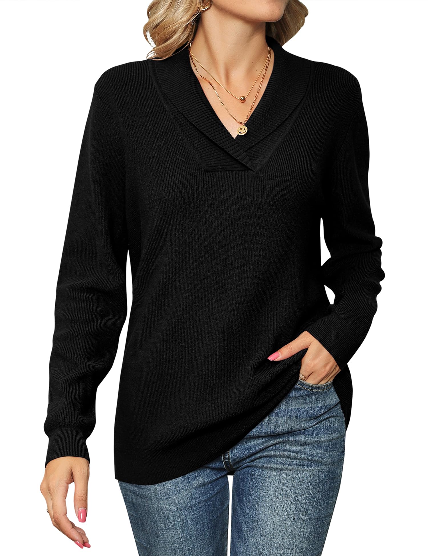 Ivicoer Women Long Sleeve V Neck Pullover Collar Knitted Sweaters