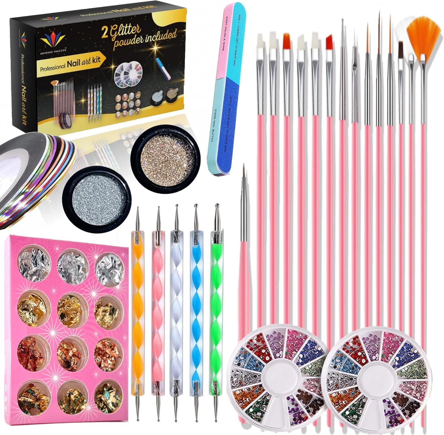 121 Pcs Professional Nail Art Kit – Acrylic Nail Brushes, Nail Foils, Rhinestones, Glitter Powder, Stickers, Dotting Pens, Nail Tips & Tweezer for DIY Manicure and Salon-Quality Designs