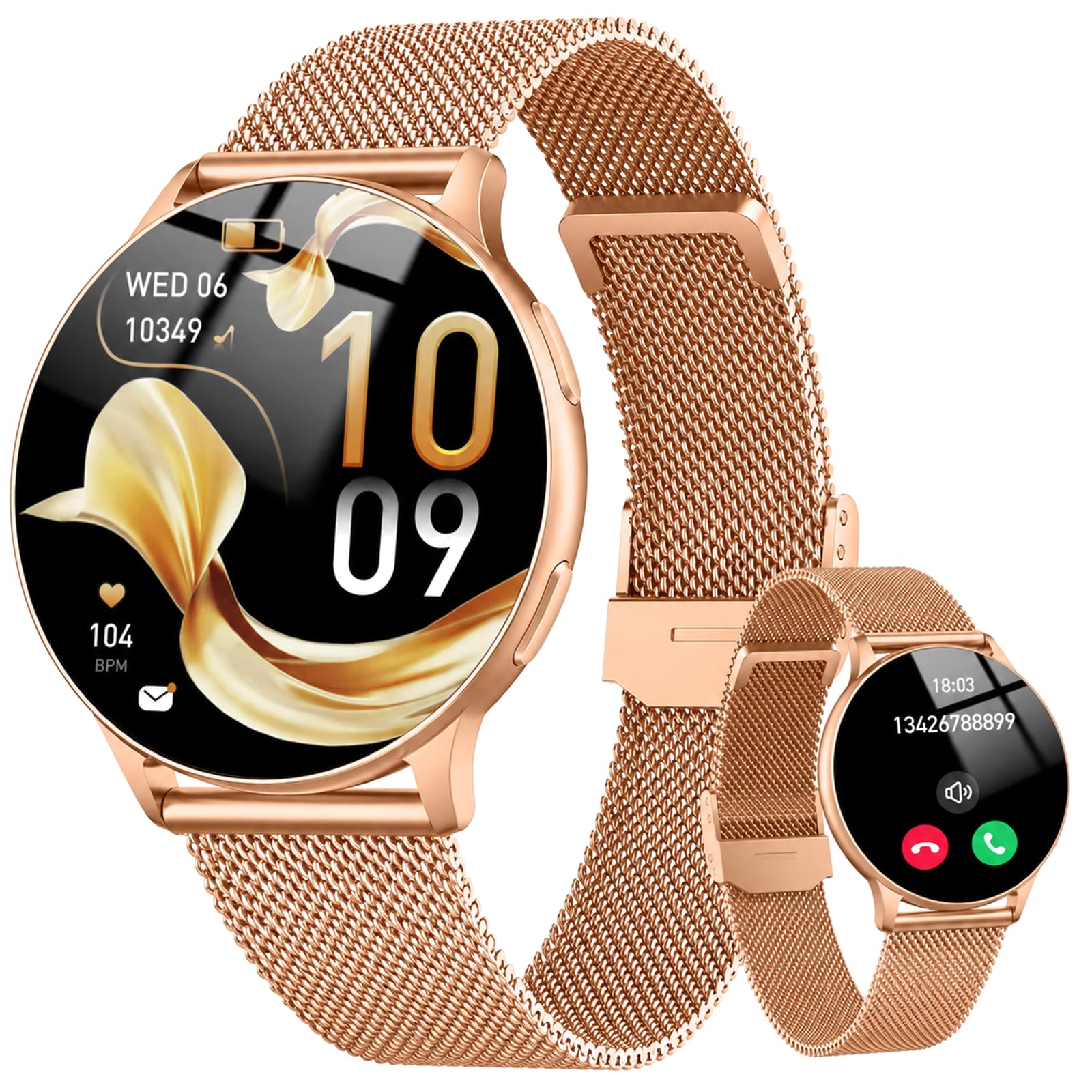 Smartwatch Damen, 1,32" AMOLED Rund Uhr mit Telefonfunktion Roségold | IP68 Wasserdicht, 120+ Sportmodi Sportuhr Pulsuhr Schlafmonitor SpO2 Schrittzähler, Fitness Tracker für Android/iOS