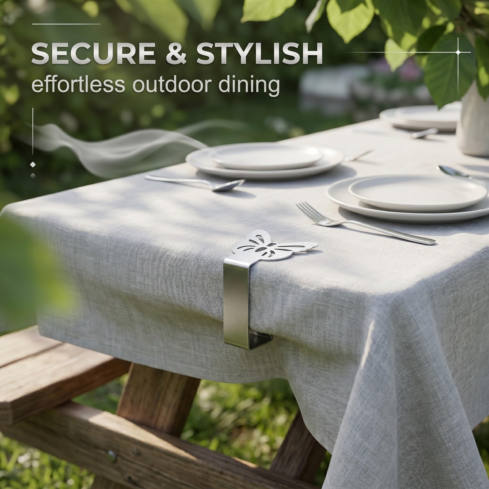 10 Pinzas Sujeta Manteles de Mesa en Acero Inoxidable, Clips para Manteles con Diseño de Mariposa, Sujeta Manteles Exterior e Interior Ideal para Jardín, Picnic, Bodas y Fiestas