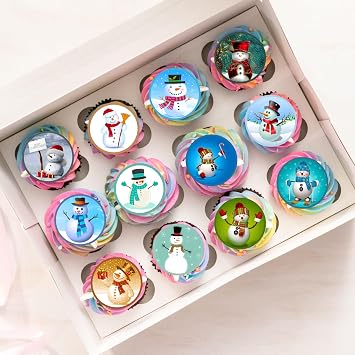 24 Christmas Snowman Mix Theme Edible Cupcake Toppers - Stand Up Discs Wafer Cake Decorations, Snowman Edible Cake Toppers, Xmas Cupcake and Cookie Decorations, 4cm / 1.5 Inch PRECUT