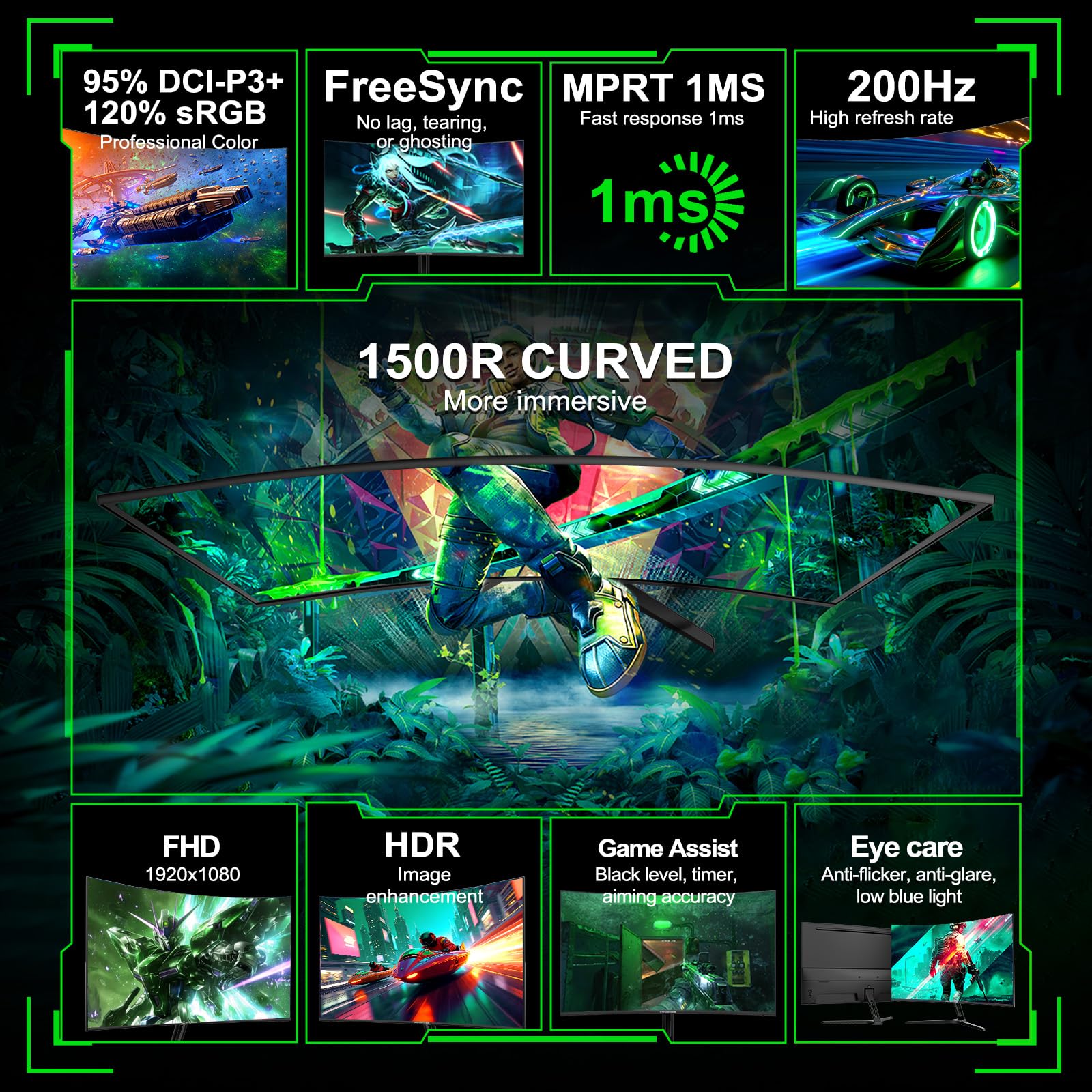 Minifire 27 Inch Gaming Monitor, 200Hz, Full HD 1920x1080 Curved VA Panel, Built in Speaker, Ai Crosshair, 1Ms MPRT, Adaptive Sync, sRGB130%, DCI-P3 95%, VESA 100x100, HDMI1.2＆DP1.4, MFG27C1 — view 8