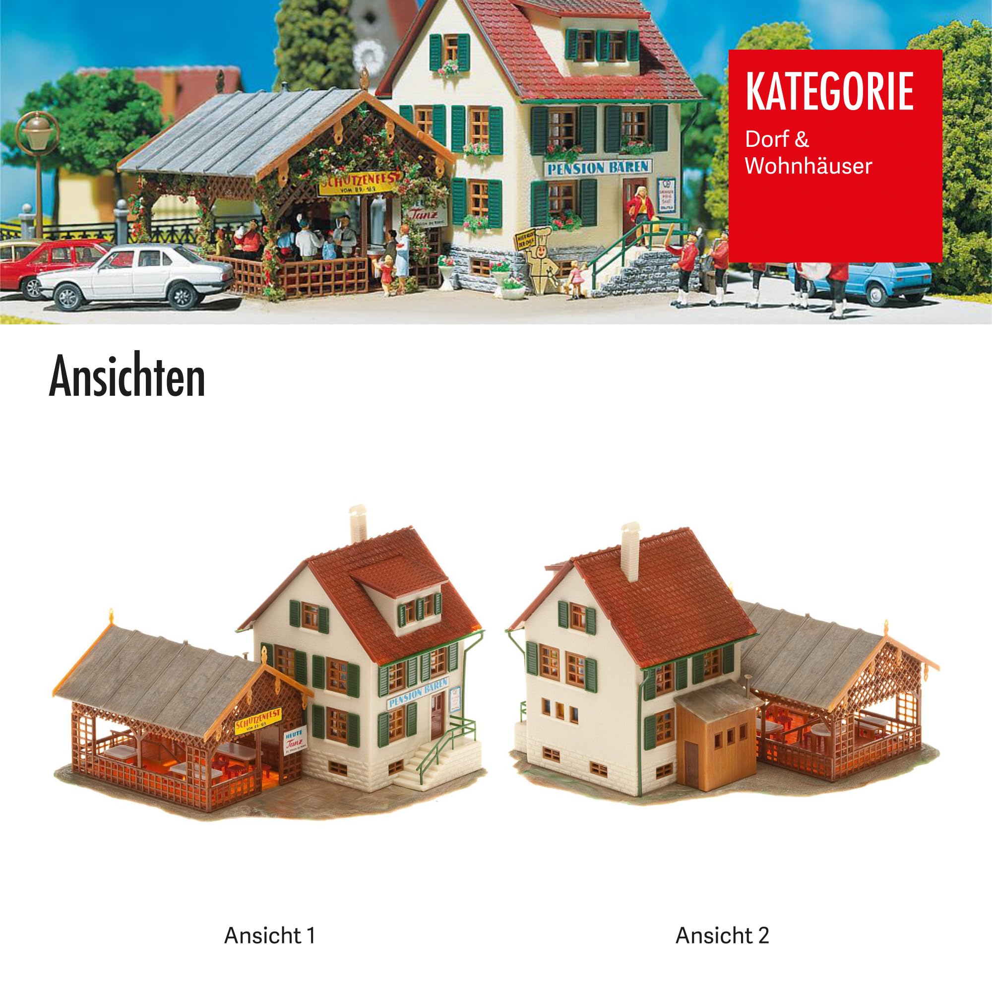 FALLER Dorfwirtschaft Modellbausatz mit 120 Einzelteilen 145 x145 x 96mm I Modelleisenbahn Zubehör H0 I Modelleisenbahn H0 Dorfwirtschaft Fachwerkhaus, Weiss/Opulenter Garten