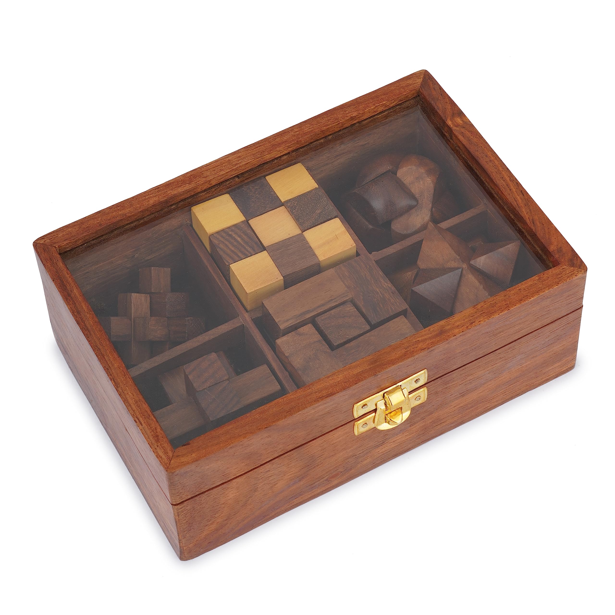 Wooden Puzzle Games Box Set - Challenging Brain Teasers 3D Puzzles for Teens and Adults with Decorative Storage Box Glass Lid Interlocking Games for IQ Test Handcrafted Game Gifts