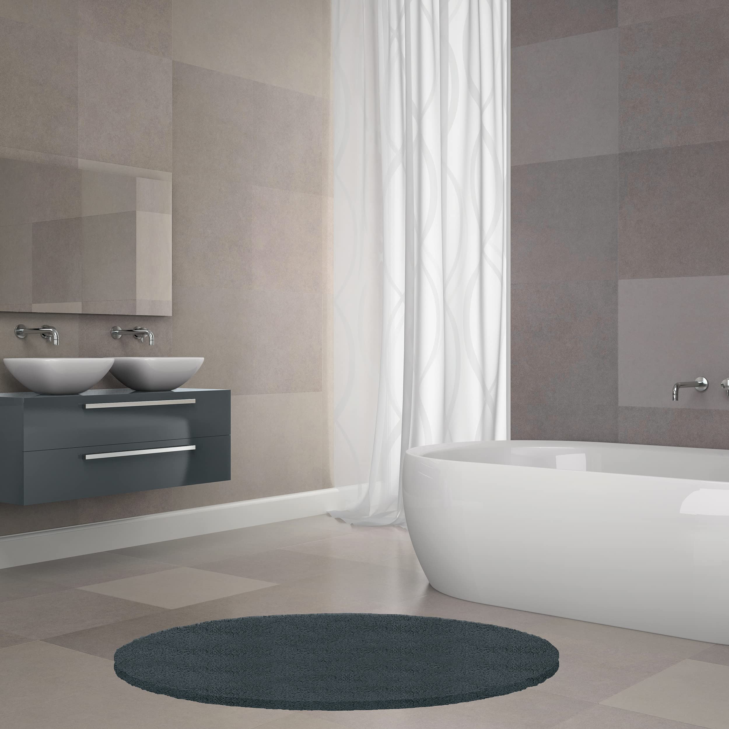 Spirella Badteppich Badematte Duschvorleger Mikrofaser Hochflor | flauschig | rutschhemmend | geeignet für Fußbodenheizung | 110 cm Rund | Granit Grau