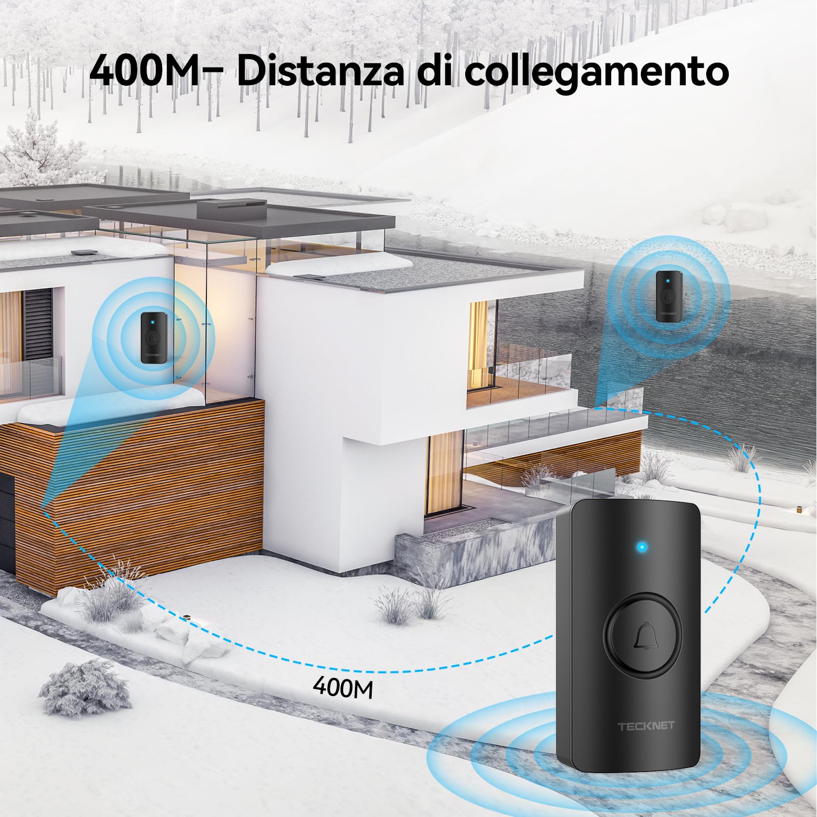 TECKNET Campanello Senza Fili IP65 Impermeabile 400m per Casa | 2 trasmettitori e 1 ricevitore, 60 suonerie, 5 livelli volume, batteria inclusa, Funzione di memoria, LED, per esterno