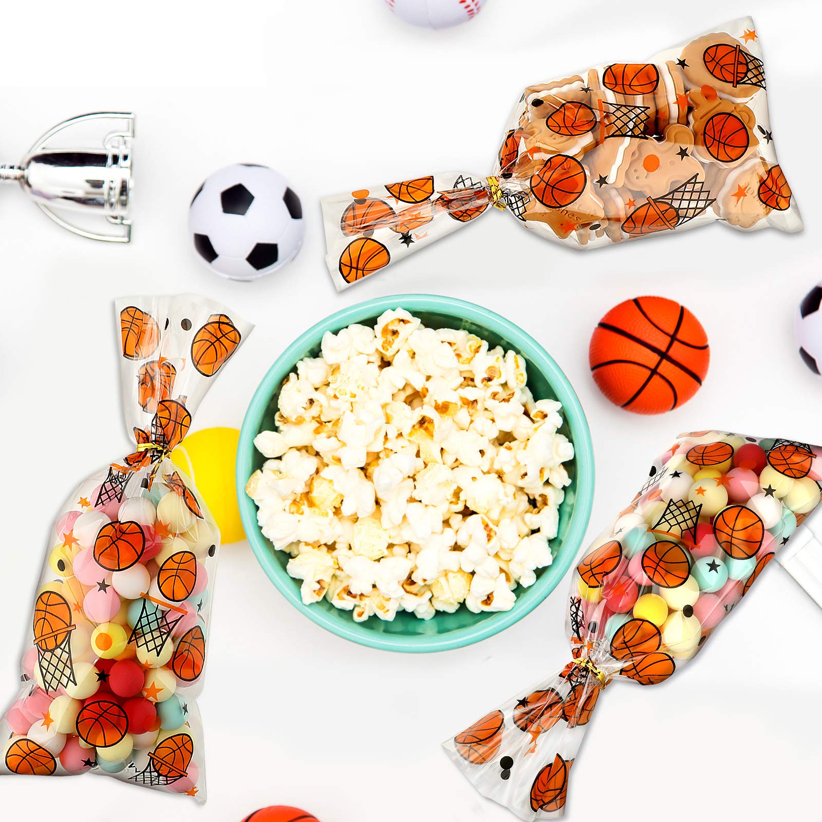 Zonon 100 Pcs Basketball Party Goodie Treat Bags Basketball Theme 5x11 Inch Plastic Cellophane Gift Candy Cookie Snack Sports Bag Birthday with 150 Pcs Gold Twist Ties for Valentines Team Party Favors