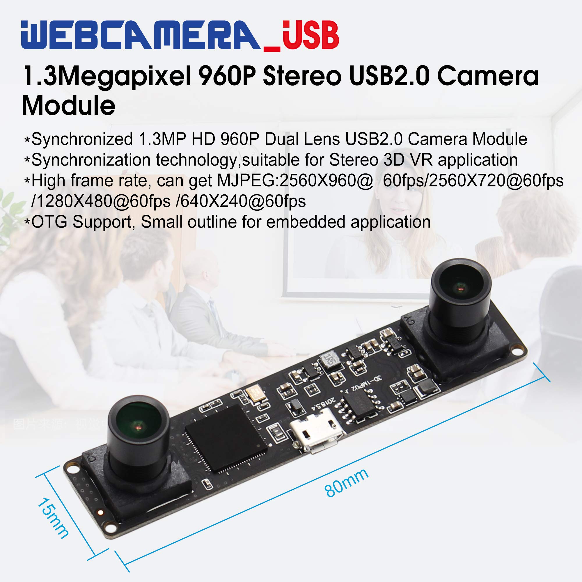 G Modulo fotocamera USB a doppio obiettivo 960p 60fps 3D stereo sincronizzato Webcam Board Modul,1,3MP Dual Lens USB con fotocamera, HD 1/3" OV9750 Webcam 90° per Windows Raspberry Pi Web Camera