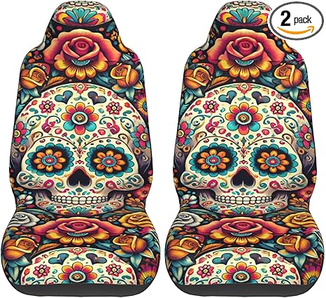 2 Pack Sugar-Skull Car Seat Covers, Elastic Automotive Seat Slipcovers, Protects Seats from Stains and Pets, Good for Everyday Use