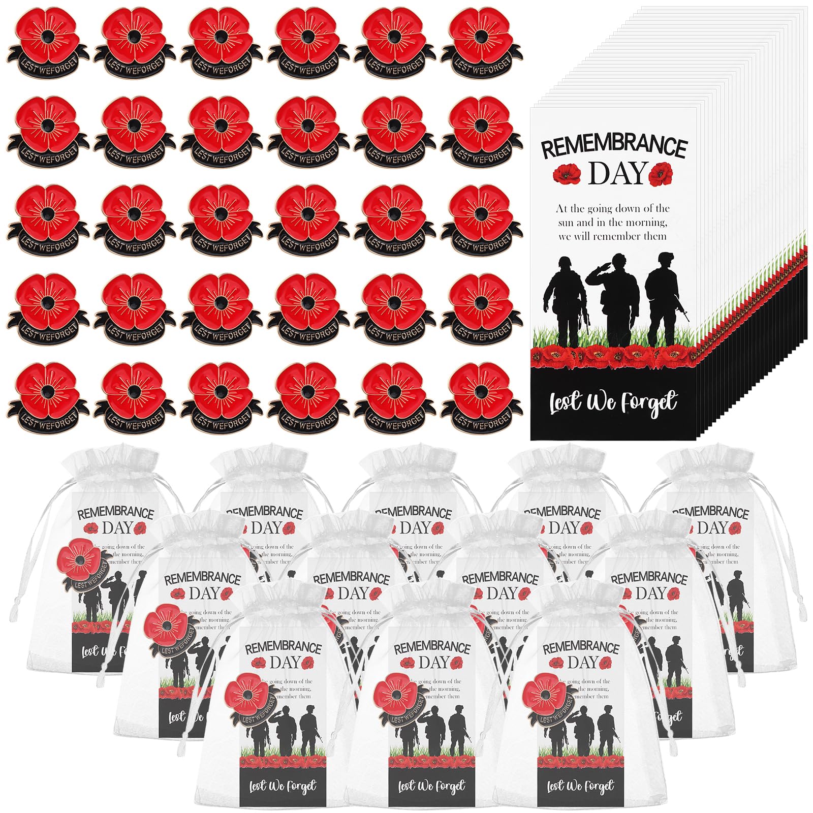 JiaUfmi30 Set Red Poppy Pins Lapel Brooches Apparel Badges Pins with Memorial Card White Organza Bag Poppy Flower Bouquet Shape Brooch Pin for Veterans Day Memorial Day Remembrance Day Women Men Girl