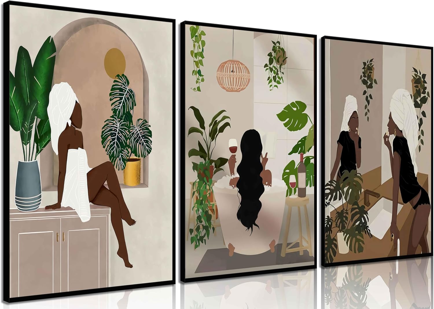 WSTUKVV 3Pcs Black Girl Bathroom Wall Art Boho Black Woman