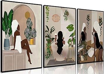 Amazon.com: WSTUKVV 3Pcs Black Girl Bathroom Wall Art Boho Black Woman ...