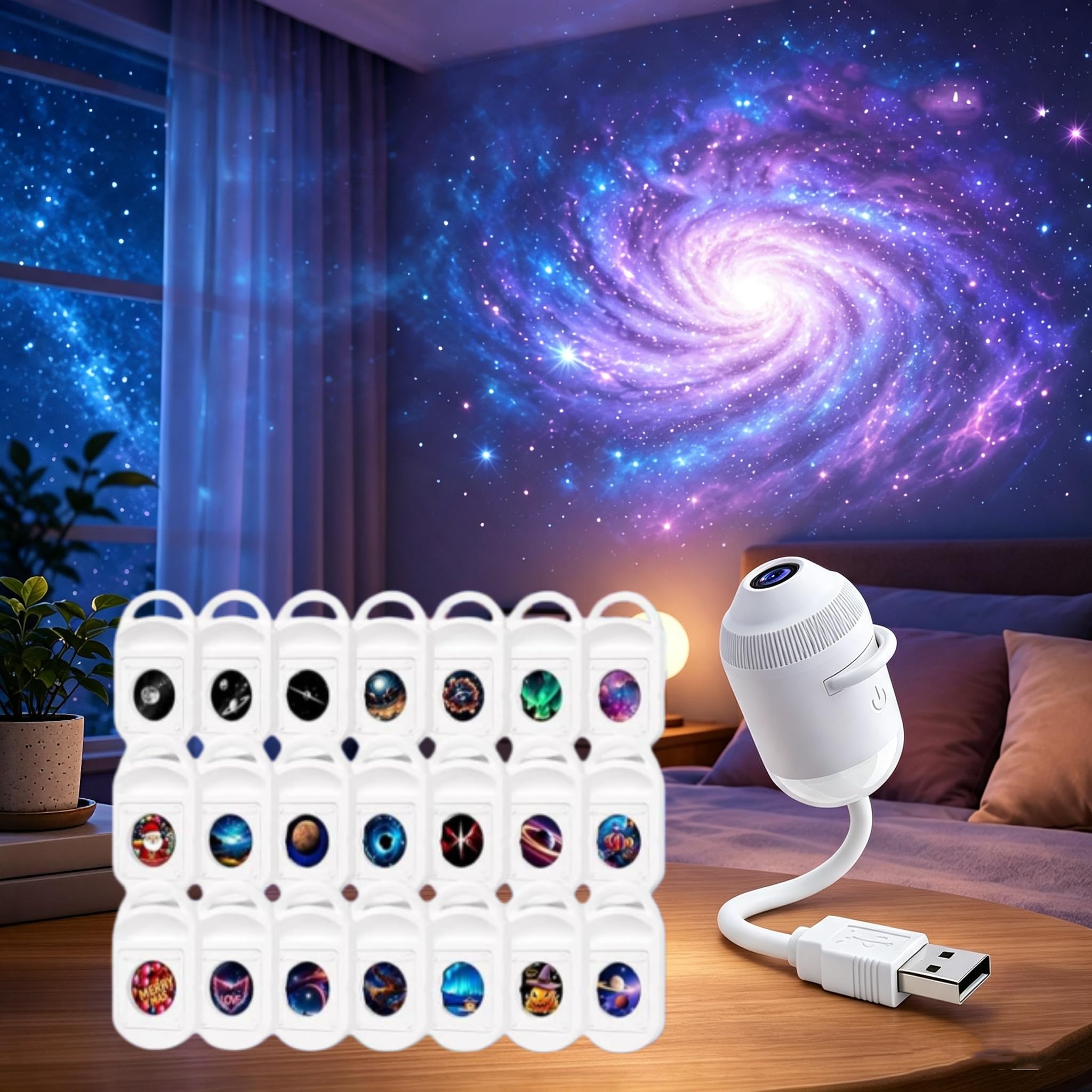 Hd Smart Dynamic 5d Holographic Night Light Projector, Plug and Play Star Projector with 3/6/12/24 Projection Films, 360 Degree USB Galaxy Moon Dream Projector Light for Sleep Mood