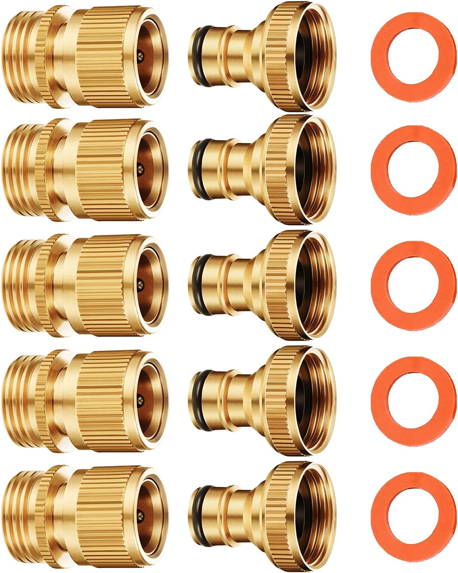 Garden Hose Quick Connector, Solid Brass Water Hose Quick Connect Fittings 3/4 inch GHT Quick Release Male and Female Adapters (5 Set)