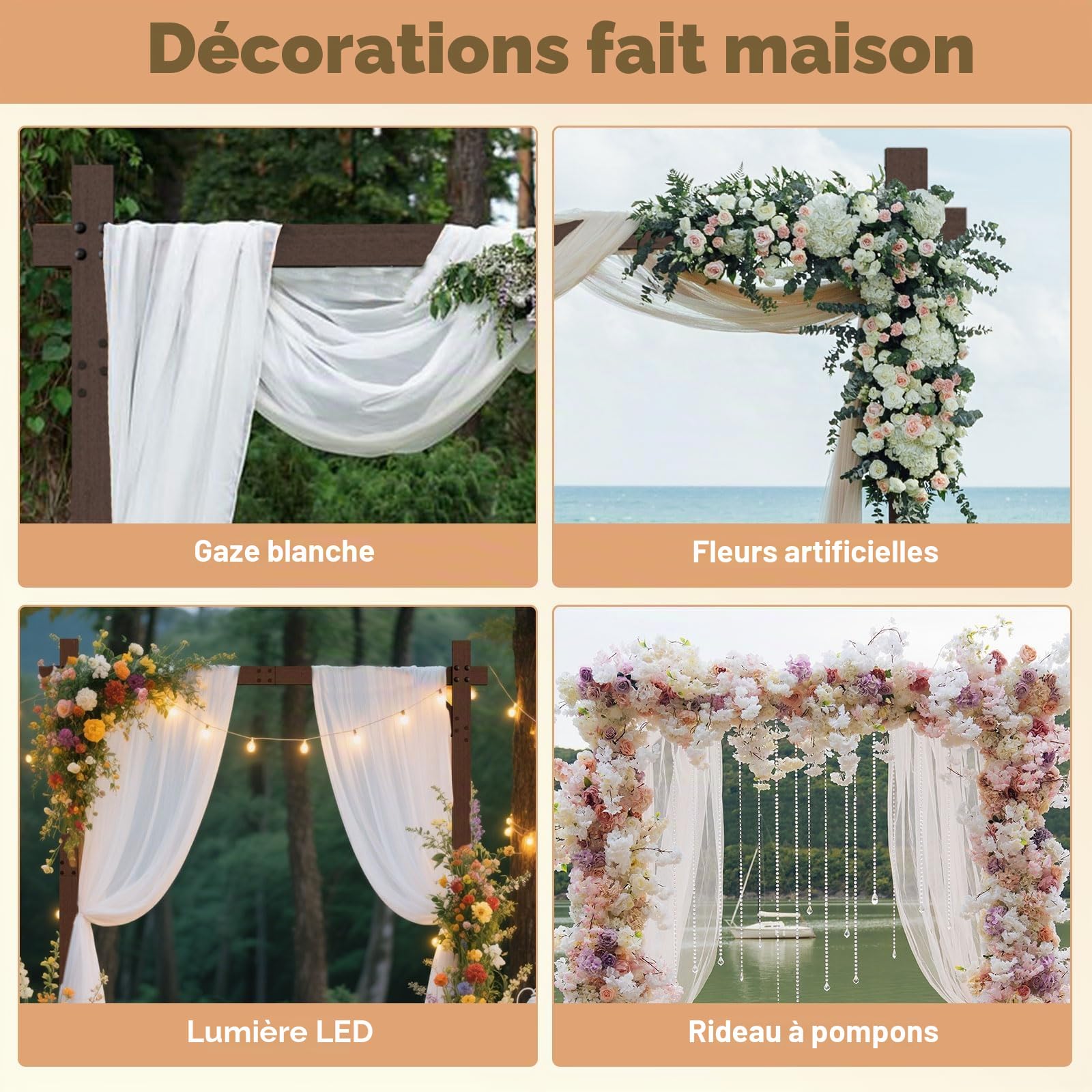 PlusFive Arche de Mariage en Bois 2.28M, Arche de Jardin, Arche de Mariage en Tulle, Décoration Intérieure, Pelouse de Jardin, Arche de Rose Plante Grimpante, Décoration Cadre Fond Tulle Mousseline