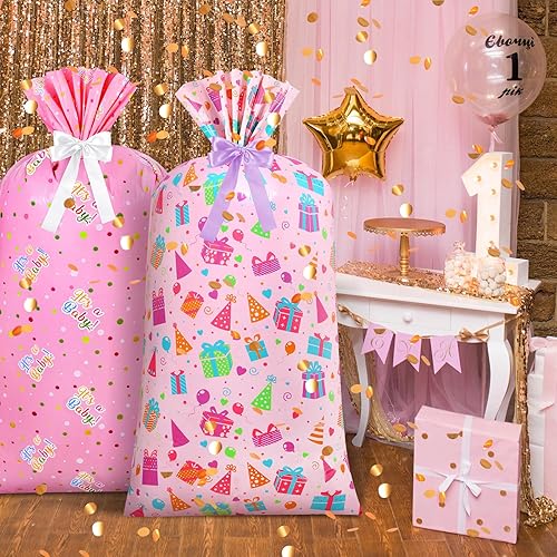 Miniatura 4 de Ctosree 2 bolsas de regalo extragrandes de 70 x 40 pulgadas, bolsas de regalo gigantes de plástico rosa, bolsas de regalo de gran tamaño con 2