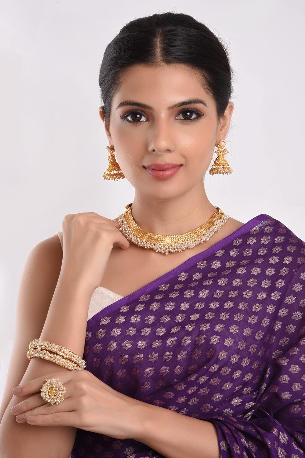 Efulgenz Indian Jewelry Sets for Women Gold Tone Pearl Choker Necklace Indian Bollywood Faux Pearl Beads Bridal Choker Necklace Earrings Bracelet Bangles Ring Jewelry Set - Image 4