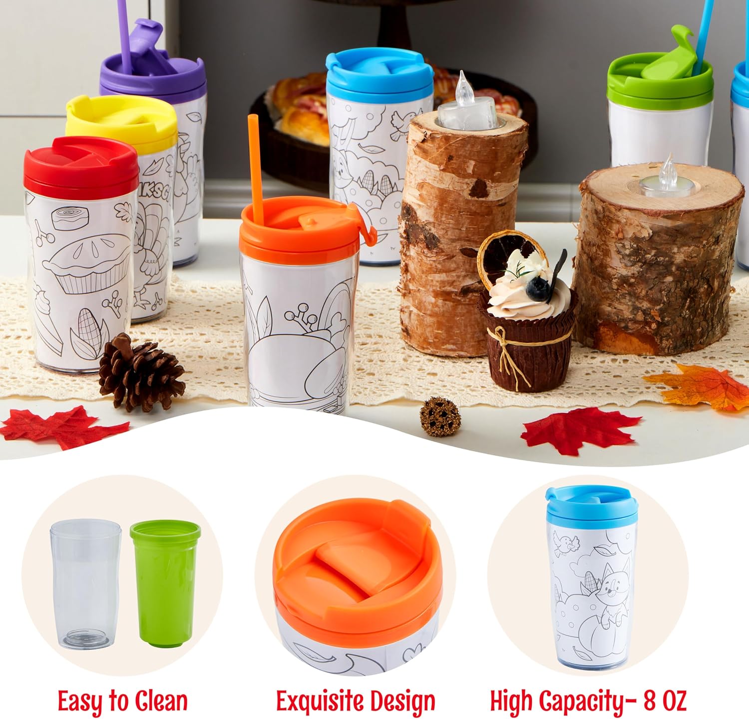 JOYIN 12 Pcs Thanksgiving Coloring Cup, Plastic Cups, Arts and Crafts, Plastic Party Cups, Thanksgiving Crafts for Kids, Classroom Exchange Gift Prizes