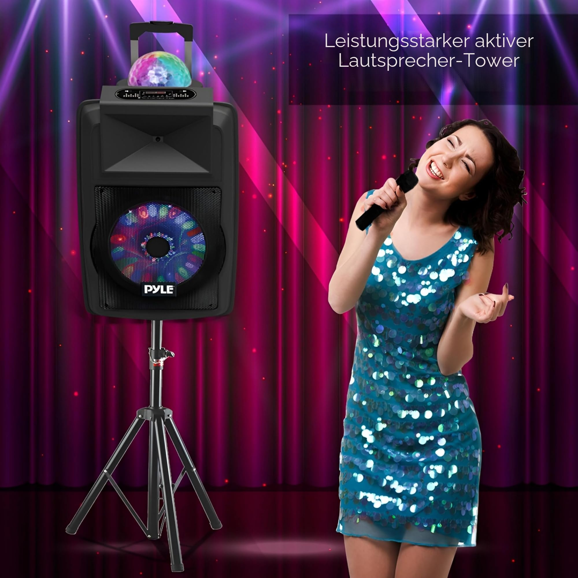 Pyle Partybox, Bluetooth Lautsprecher Groß, 700W- Boombox- mit aufladbare Batterien & Mic Set, Tragbare- Musik box, Karaoke Box- mit Farbige LED, Pa System- mit USB, SD, FM, BT, AUX, Griff & Räder