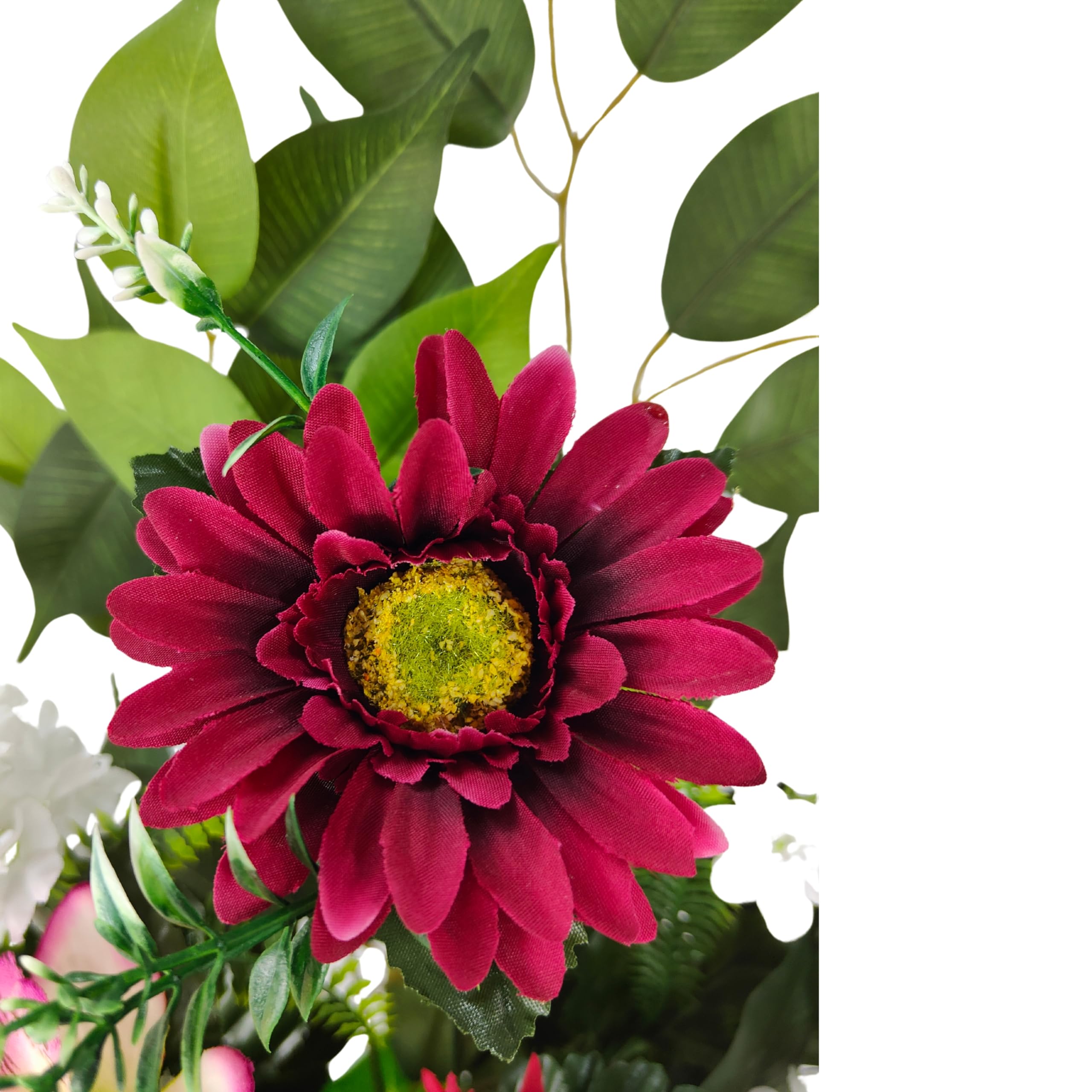 DRW Centro de Flores Artificiales Rojo y Blanco para Cementerio, Bodas, Iglesias con gerberas, Lilas y orquideas 65x60x28 cm