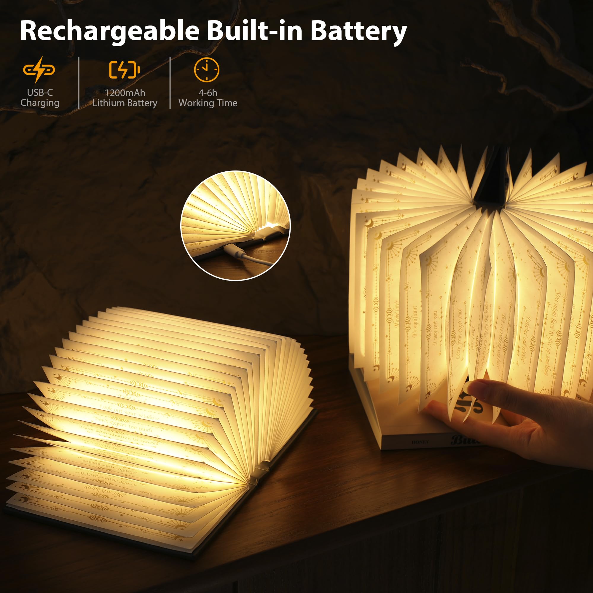 Magische Wahrheit Buchlicht – Wiederaufladbare LED-Buchlampe für Heimdekoration, ideales Weihnachts- und Bücherwurmgeschenk mit Goldfolienprägung, warmweißes Licht für Unterhaltung und (Black)