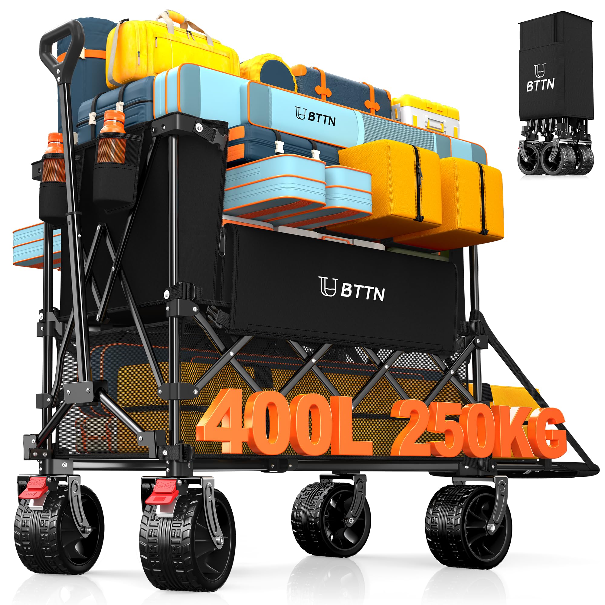BTTN 400L Double Decker Folding Festival Trolley, 250kg Heavy Duty Extra Long Wagon with Tailgate, Big All-Terrain Wheels with Brakes, Large Utility Cart for Camping, Sports & Shopping, Black
