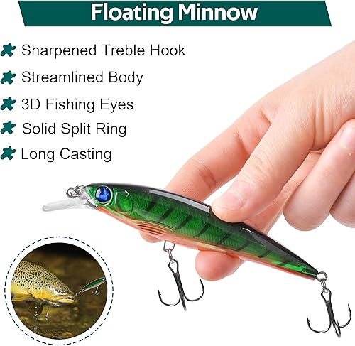 Miniatura 5 de Minnow - Señuelos de pesca Topwater, 10 piezas 3D para ojos de pesca, cebos duros, 2 anzuelos de pesca agudos, vida como crankbait para trucha,