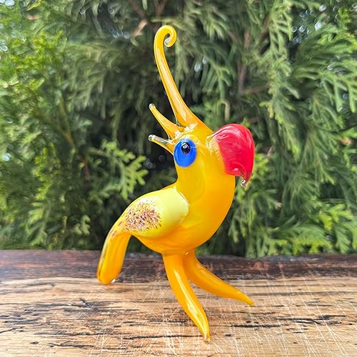 Miniatura 3 de Figura de loro de cristal amarillo  Miniatura y pisapapeles estilo Murano soplado a mano  Adorno de loro coleccionable para estante o escritorio