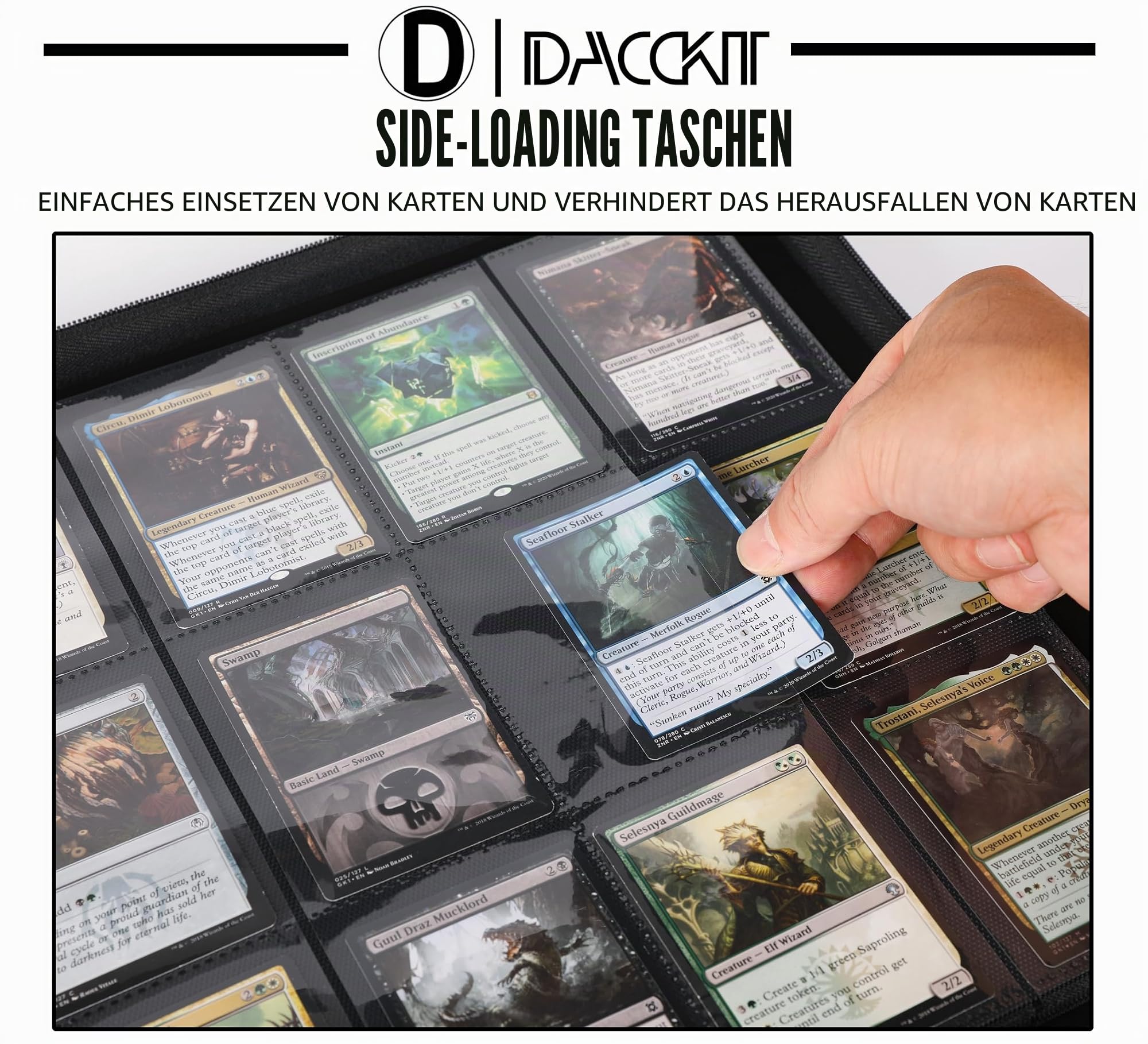 Premium-Kartenbinder mit 12 Fächern, passend für 1200 Karten, 7,6 x 10,2 cm, Ringloser Kartenbinder mit Hüllen für Sammelkarten und Sportkarten (Modell D, klassisches Schwarz)