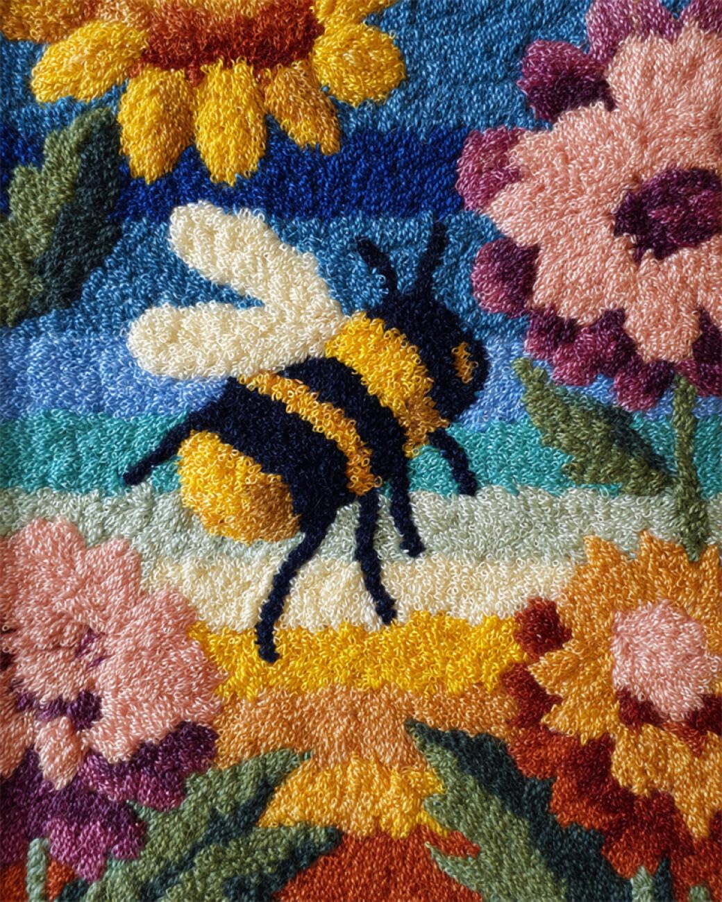 AxiangziK DIY Rug Making Kit Bees and Flowers Latch Hook Rug Kits for Beginners DIY Needlework Crocheting Tapestry Kit Home Decor 23x35in