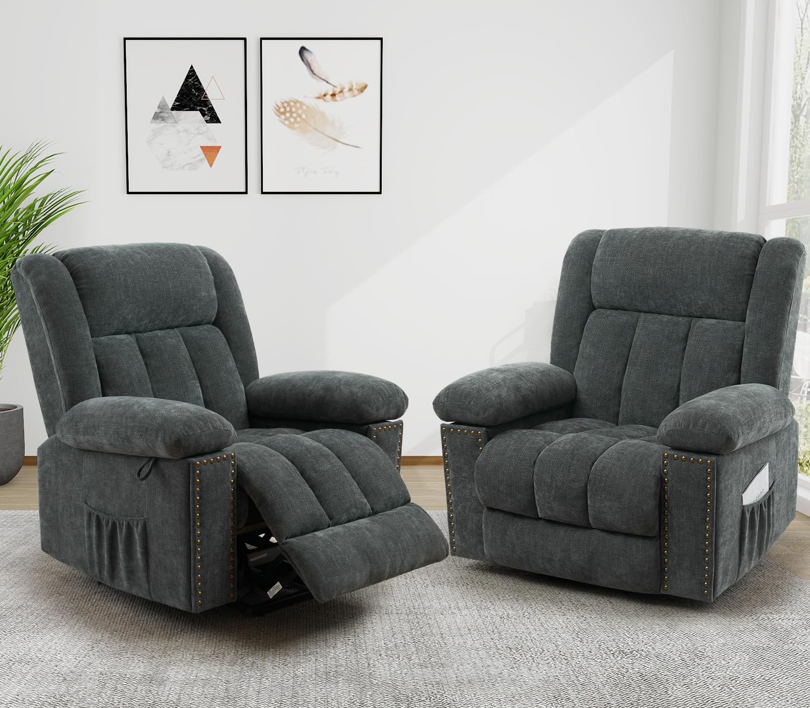 CDCASALarge Power Lift Recliner Chair with Massage and Heat for Elderly, Overstuffed Wide Recliners, Premium Chenille Lift Chairs w/2 Concealed Cup Holders,Set of 2,Grey Blue