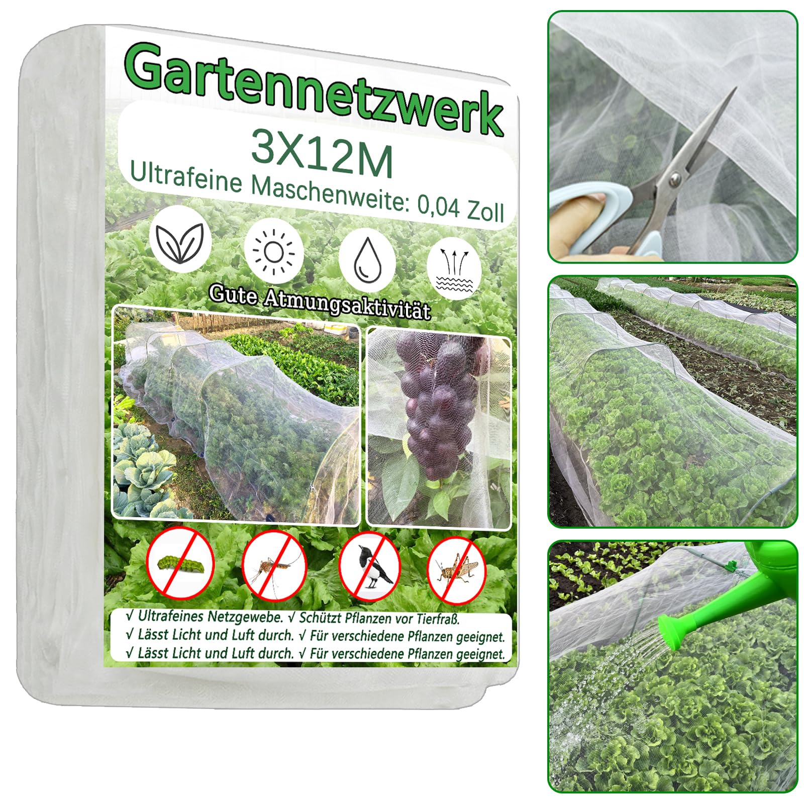 3X12M Insektenschutznetz Feinmaschiges Gartenbaunetz,Geeignet zum Abdecken von Gemüse,Pflanzen Blumen Früchten Feldfrüchten Gewächshäusern,Reihenkulturen und Erhöhten Saatbeeten