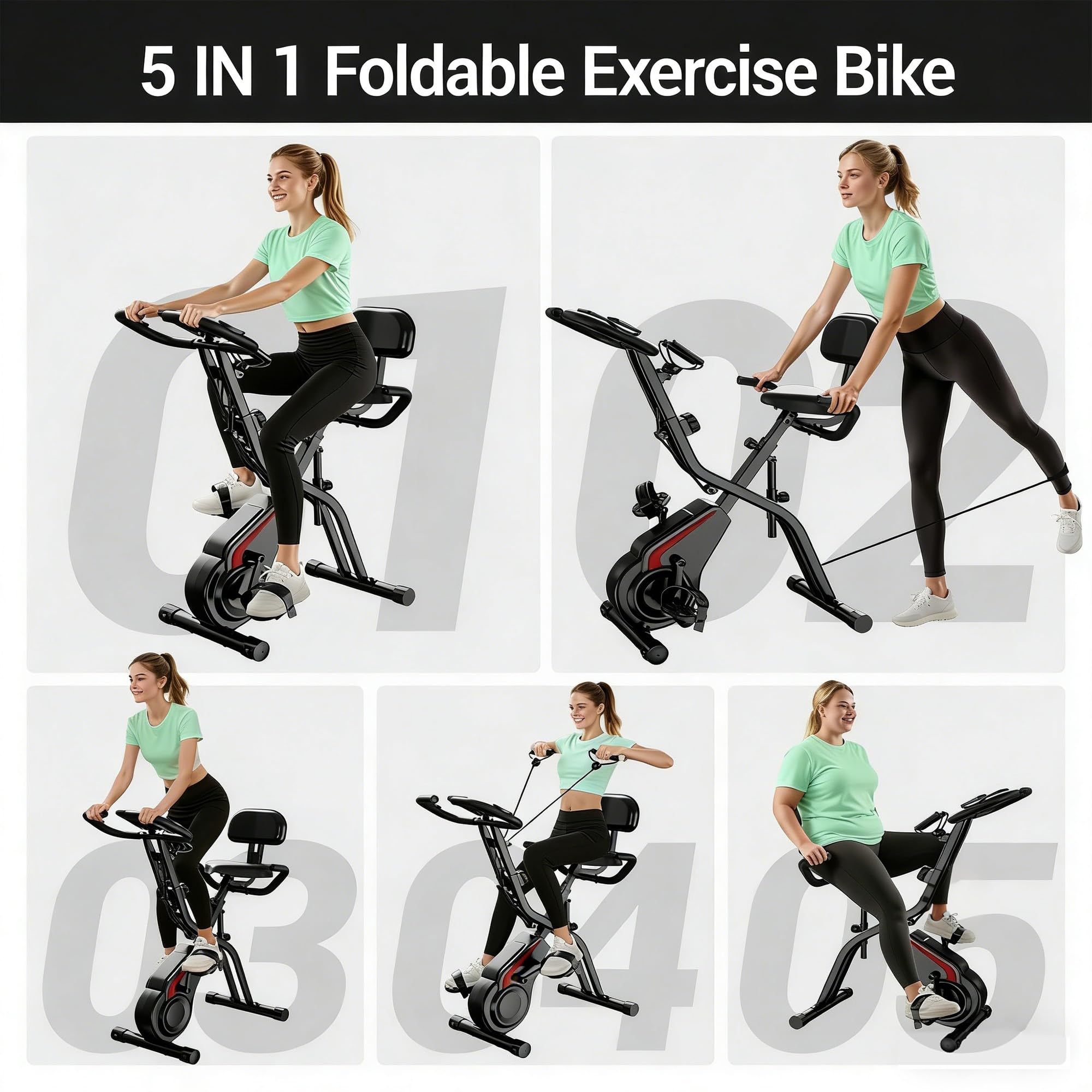 Bicicleta estática para casa plegable 5 en 1 con respaldo, bicicleta estática magnética con pantalla LCD y bandas elásticas, bicicleta estática silenciosa hasta 136 kg