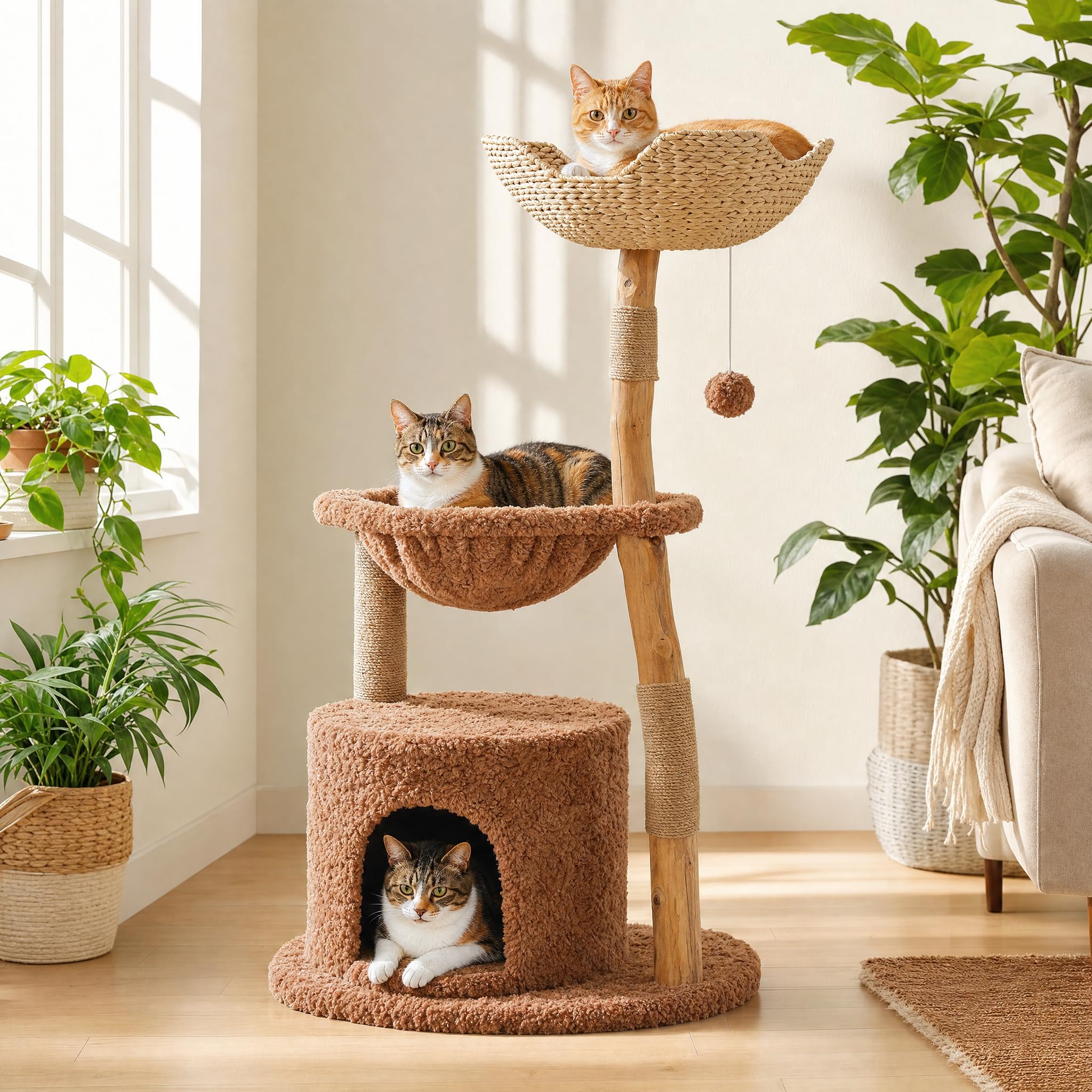 PAWZ Road Modern Cat Tree with Natural Solid Wood Scratching Post, 40 Inches Cat Tower with Spacious Wicker Basket,Large Metal Hammock,Luxury Condo for Indoor Cats,Brown