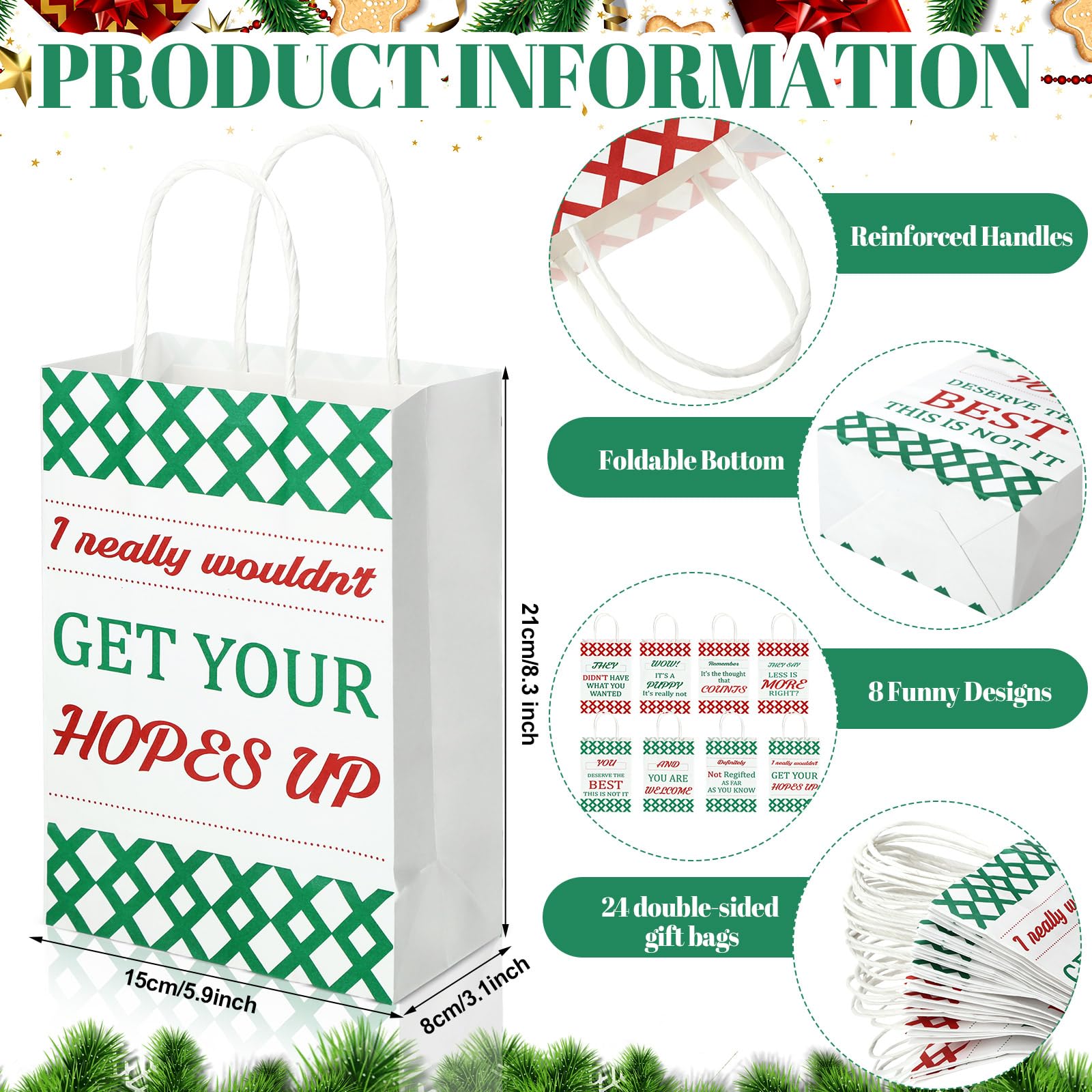 Glenmal Divertenti sacchetti regalo di Natale divertenti sacchetti di carta da regalo di Natale con manico, sacchetti regalo per Natale, esilaranti sacchetti regalo di Natale, dolcetti di Natale, 15,9