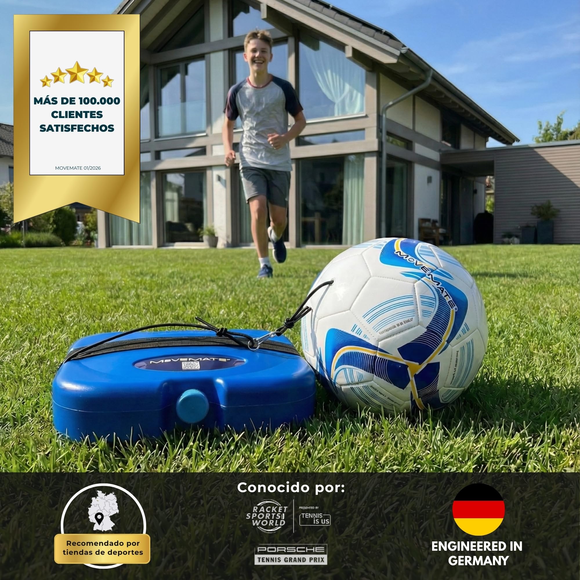 MOVEMATE Juego de entrenamiento de fútbol con cuerda | Popular regalo de fútbol para niños | Innovador dispositivo de entrenamiento para exteriores, en el jardín, en el campo de fútbol