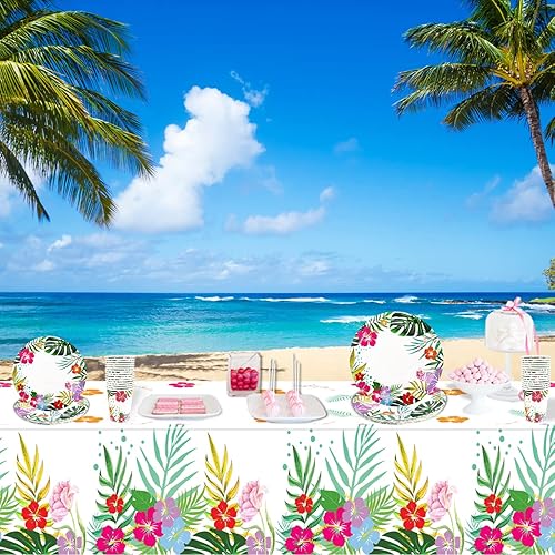Miniatura 6 de 121 piezas de decoraciones hawaianas de Luau para fiesta, suministros de vajilla Aloha Tropical para fiesta, incluyendo platos, servilletas, tazas y